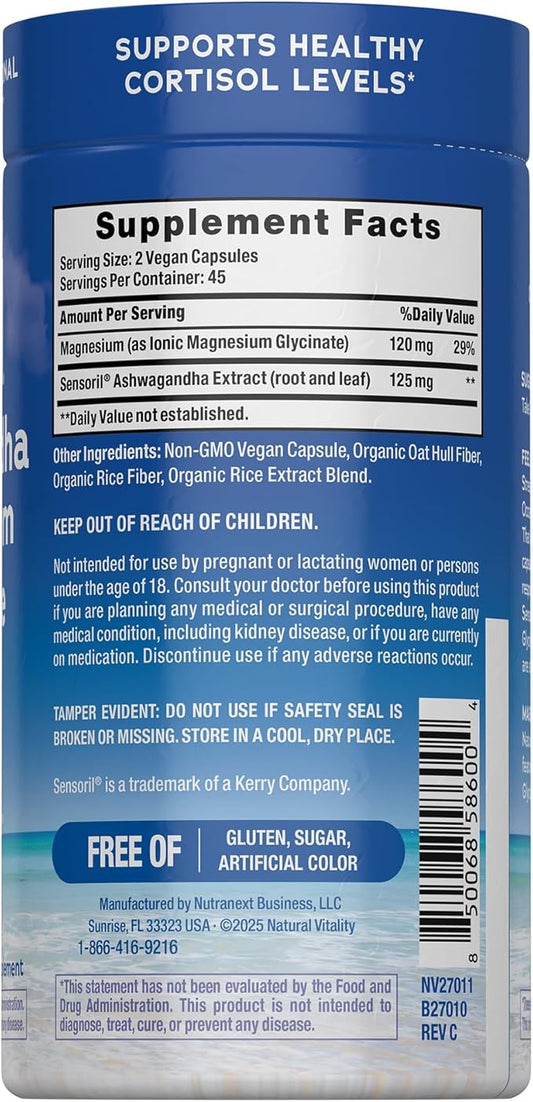 Natural Vitality Calm Ashwagandha + Magnesium Glycinate Capsules | Support for Occasional Stress & Anxiety | Gluten Free Supplement | 90 Count