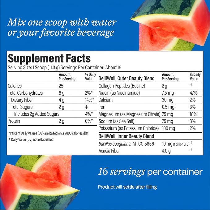 Belli Welli Fiber Supplement for Women & Men – Premium Daily Fiber Powder from Organic Acacia with Added Collagen, Electrolytes & Probiotics – No Bloat, Constipation & Gut Health Support (Watermelon)