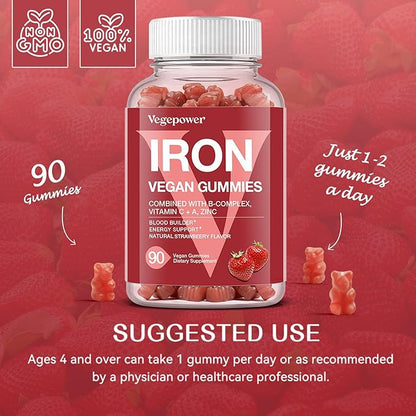 Iron Gummies Supplements for Kids & Women - Multivitamin with Iron for Blood Healthy, Great Tasting Vitamins Gummy with Vitamin C for Max Absorption - Strawberry (3 Packs)