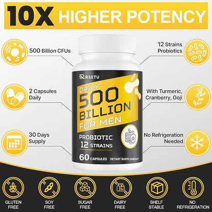 Probiotics for Men, 500 Billion CFUs & 12 Strains Mens Probiotic with Turmeric Cranberry, Goji, Gut Health for Men, for Digestive Health, Gut, Bloating & Gas, Immune, Energy Support, 30-Day Supply