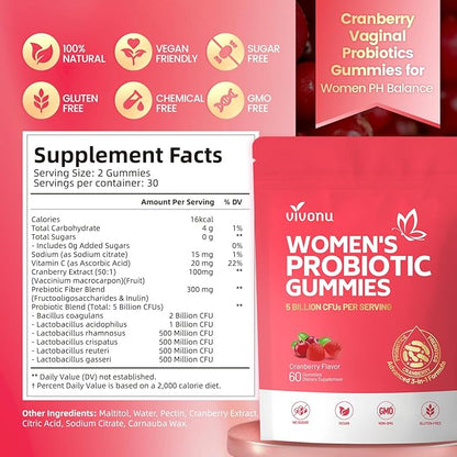 VivoNu Viginal Probiotic for Women, Women Probiotic Gummies, Feminine Balance Gummies, Cranberry Probiotics for Woman Vaginigal Health, Yeast Ph Balance| 60 Gummies