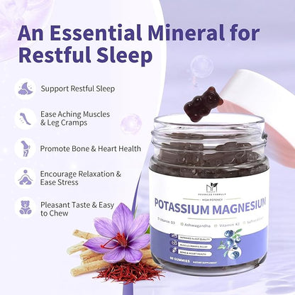 2 Pack Potassium Magnesium Gummies, Sugar-Free Potassium Gummies with Magnesium Glycinate 500mg Chewable Potassium Magnesium Supplements with Calcium, Zinc & Vitamins to Support Leg Muscle Relaxation