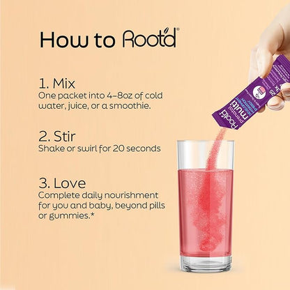 Root'd Prenatal Multivitamin Powder - 25 Vitamins & Minerals with 3x Electrolytes, Folate, Iron, D3 for Mom & Baby, 7 Superfood & Probiotics, Sugar-Free Vitamins & Hydration | 30 Vitamin Drink Packets