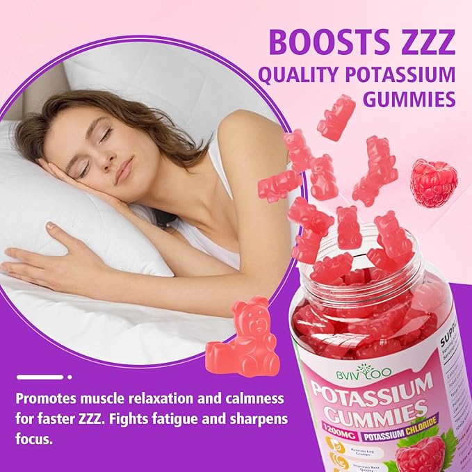 Potassium Gummies for Adults with 1200mg Potassium Chloride - Supports Muscle Health & Leg Cramps, Raspberry Flavor, 120 Count