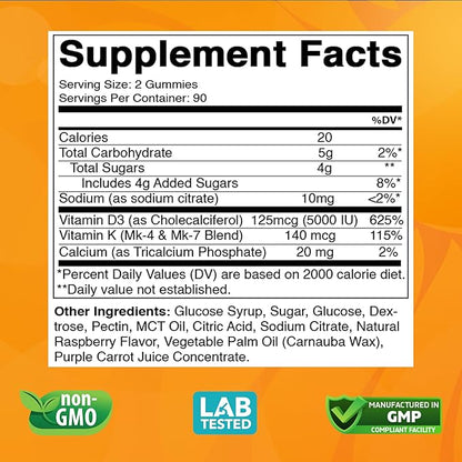 Vitamin D3 + K2 Gummies – Bone & Heart Health Support – 180 Pectin-Based Vegan Gummies