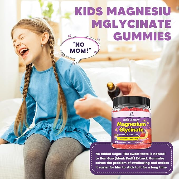 Magnesium Glycinate Gummies for Kids & Adults - 400/200mg Magnesium Supplement with L-Theanine, Chamomile, D3 & K2, Kids Sleep Gummies Melatonin Free, for Zzz & Relax, Cognition - Sugar Free, 60 Ct