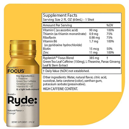 Ryde: Focus Shot | Orange Flavor | L-Theanine & Ginseng | Green Tea Caffeine | Vitamins B2 & B7 | 0 Calories, 0 Sugar | 2 FL OZ Shots | Supports Focus* (24 Pack)