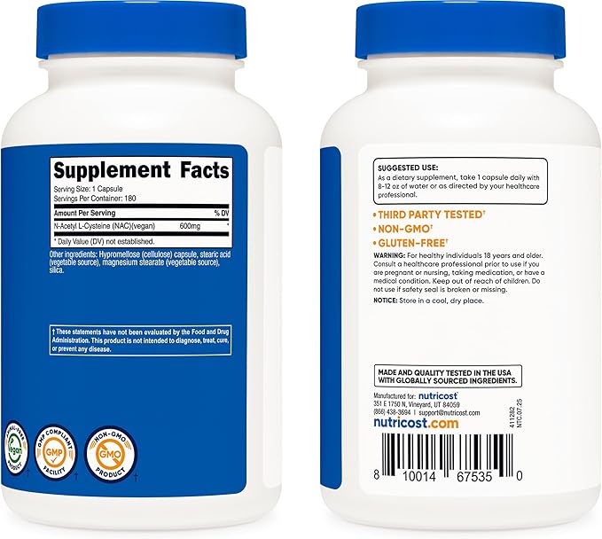 Nutricost N-Acetyl L-Cysteine (NAC) 600mg, 180 Capsules - Non-GMO, Gluten Free (Pack of 2)