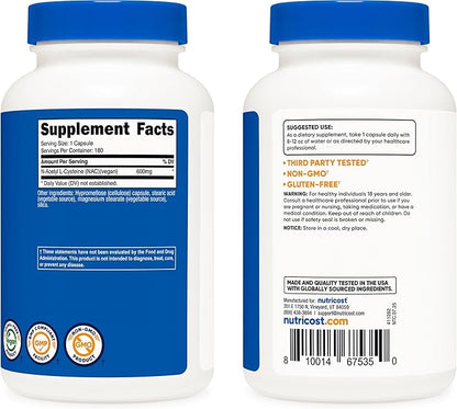 Nutricost N-Acetyl L-Cysteine (NAC) 600mg, 180 Capsules - Non-GMO, Gluten Free (Pack of 2)
