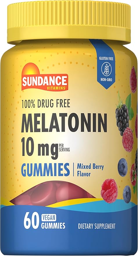Sundance Melatonin 10mg Gummies for Adults | 60 Count | Mixed Berry Flavor | Vegan, Non-GMO, and Gluten Free Supplement
