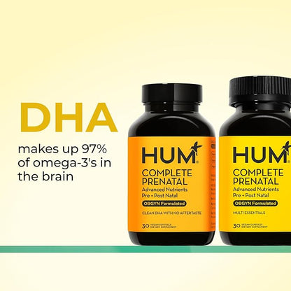 HUM Complete Prenatal Multivitamin for Women with Folate, DHA, and Choline, 23 Nutrients for Daily Support, Gluten Free, Non GMO Supplement for Pre, During, and Post Pregnancy, 30 Vegan Capsules