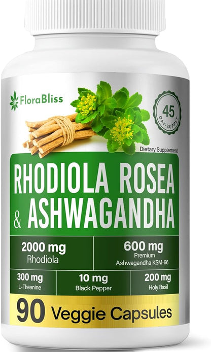 FloraBliss Rhodiola Rosea with Ashwagandha KSM-66, L-Theanine, Holy Basil & Black Pepper - 90 High Potency Vegan Capsules - 45-Day Supply