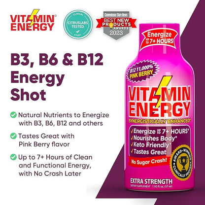 Vitamin Energy B12 11,000% Extra Strength Energy Shot Pink Berry 12 Pack, 260mg Natural Caffeine, B12 & B6, Nootropic Focus, Vitality, Zero Sugar, Gluten-Free, Vegan, Kosher, 1.93 fl oz
