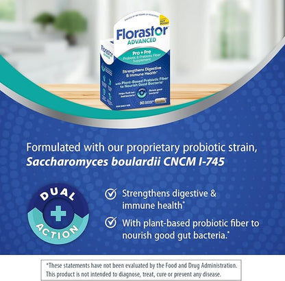 Florastor Select Pro+Pre Daily Probiotic and Prebiotic Supplement for Women and Men, Boosts Good Bacteria, Saccharomyces Boulardii CNCM I-745 (30 Capsules) (Pack of 1)