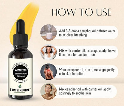 Earth N Pure Camphor Oil | Kapoor Oil | 100% Pure & Natural, Therapeutic Grade | Undiluted Essential Oil for Skincare, Hair Care, Aroma & Massage - 50 ML
