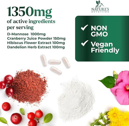 D-Mannose 1000mg Per Serving - Cranberry & Hibiscus - Effective Fast-Acting, Flush The Impurities for Bladder, Urinary Tract Health Support Supplement, for Women and Men, USA Bottled - 180 Capsules