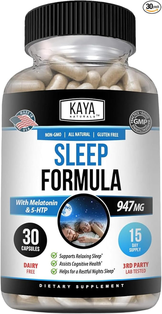 Kaya Naturals - Sleep Support Formula with Melatonin - Aid Support Vitamin Supplement - Sleep Stress and Mood Support - L-Tryptophan, Passion Flower, Ashwagandha and More (30 Count)