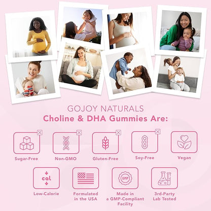 Prenatal Gummies with Choline & DHA - Preconception, Pregnancy & Postnatal Vitamins for Women - Choline 250mg + DHA 150mg - Vegan, Sugar-Free, Non-GMO