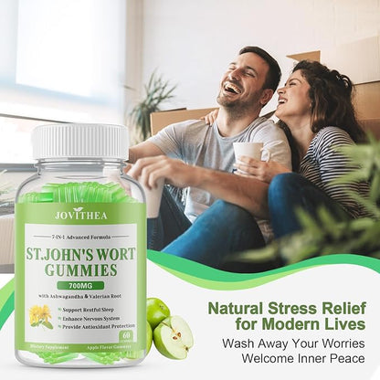 St John's Wort Gummies 700mg, Natural Herbal Supplement for Adults & Kids, Support Calm, Relaxation & Brain Health, Vegan, Non-GMO, Gluten Free, Apple Flavor, 60 Count