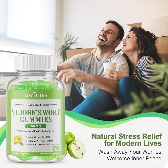 2 Pack St John's Wort Gummies 700mg, Natural Herbal Supplement for Adults & Kids, Support Calm, Relaxation & Brain Health, Vegan, Non-GMO, Gluten Free, Apple Flavor, 120 Count