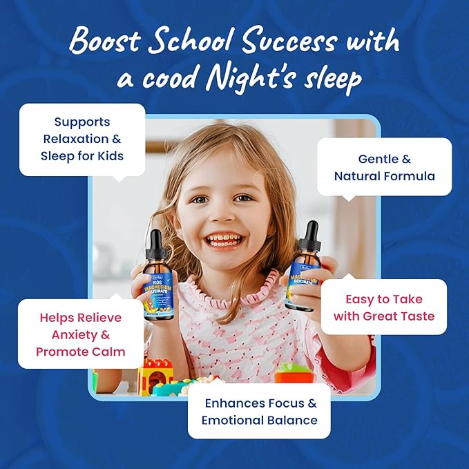 2 Pack Magnesium Glycinate Liquid for Kids - with L-Theanine Omega-3, Vitamin B6, D3, Zinc - Kids Magnesium Drops for Sleep, Relaxation, Calm & Focus - Orange Flavor
