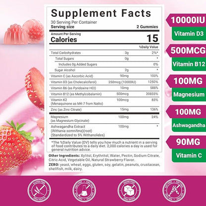 Vitamin D3 B12 Gummies, Vitamin D3 10000 IU & Methylated B12 500mcg for Adults, D3 B12 Vitamin Supplement with Ashwagandha, Magnesium, Vitamin K2 for Immune & Energy Support