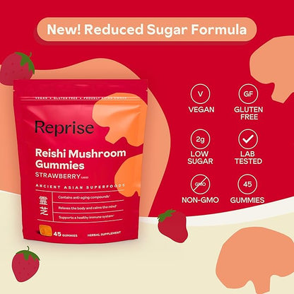 Reishi Mushroom Gummies | Hongo Reishi Mushroom Supplement Gummies (Lingzhi, Ganoderma Lucidum) | Full Spectrum Stress Gummies for Adults | Red Reishi Mushroom | Strawberry Flavor | 45 Count