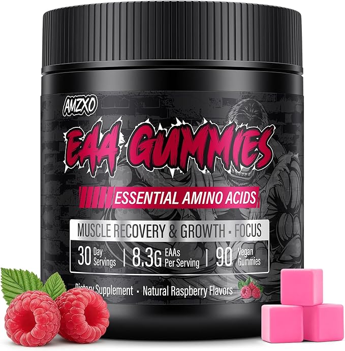 EAA Gummies - 2:1:1 BCAA Formula (8300mg) - Essential Amino Acids for Muscle Recovery & Endurance - Non-GMO, Gluten Free, Sugar Free, Vegetarian, Raspberry Flavor - 90 Count