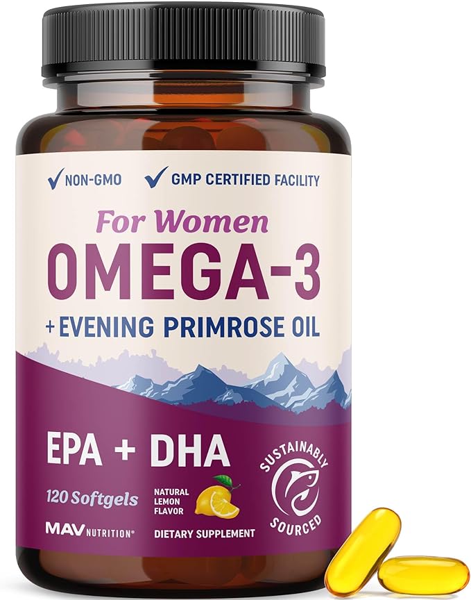 Fish Oil Omega 3 Supplements for Women | DHA + EPA | Heart Health, Hormone Balance, Skin & Wellness Support | 600MG Omega3 + 800MG Evening Primrose Oil | Omega 3 Supplement for Women | 120 Ct.
