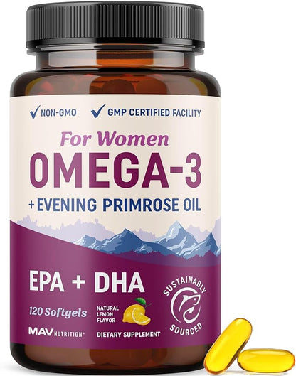 Fish Oil Omega 3 Supplements for Women | DHA + EPA | Heart Health, Hormone Balance, Skin & Wellness Support | 600MG Omega3 + 800MG Evening Primrose Oil | Omega 3 Supplement for Women | 120 Ct.