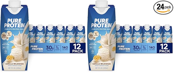 Pure Protein Vanilla Protein Shake,30g Complete-Protein,Vitamins A,C,D,and E plus Zinc to Support Immune Health,Ready to Drink and Keto-Friendly,11oz Bottles,(Pack of 24)