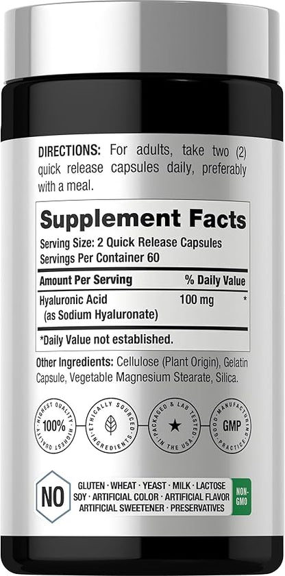Horbäach Hyaluronic Acid Supplement | 100mg | 120 Capsules | Non-GMO, Gluten Free