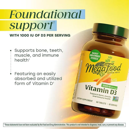 MegaFood Vitamin D3 1000 IU (25 mcg) - Vitamin D Supplements with Real Food, Immune Support, Supports Bones, Teeth & Muscles, Vegetarian, Gluten-Free, Non-GMO, Kosher – 60 Tablets, 60 Servings