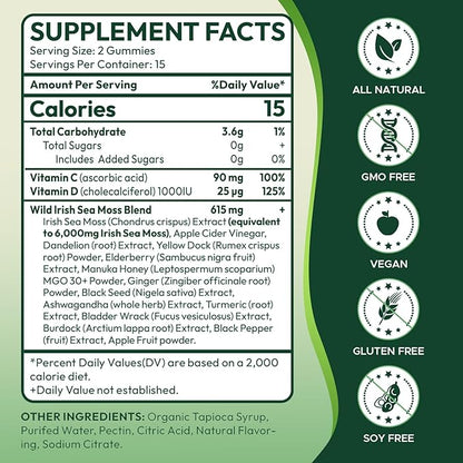 16 in 1 Sea Moss Gummies with Ashwagandha Black Seed Oil Bladder Wrack Turmeric Vitamin C & D3 with Manuka Burdock Root, Irish Sea Moss Gummies for Women & Men, Vegan Green Apple