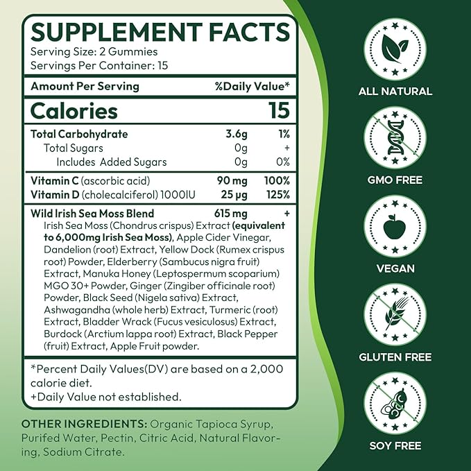 16 in 1 Sea Moss Gummies with Ashwagandha Black Seed Oil Bladder Wrack Turmeric Vitamin C & D3 with Manuka Burdock Root, Irish Sea Moss Gummies for Women & Men, Vegan Green Apple, 2 Pack