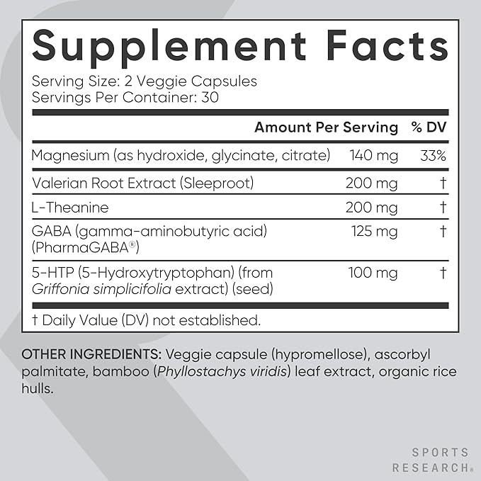 Sports Research® Sleep Complex- Melatonin-Free Vegan Capsules - with Valerian Root, GABA, L-Theanine, Magnesium & 5-HTP - 30 Servings