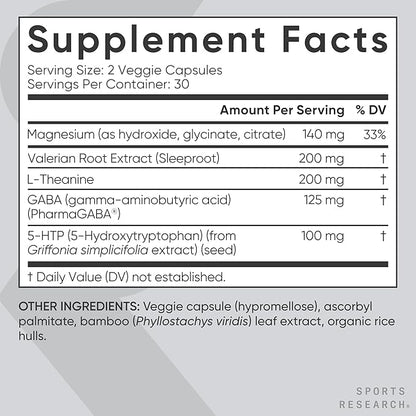 Sports Research® Sleep Complex- Melatonin-Free Vegan Capsules - with Valerian Root, GABA, L-Theanine, Magnesium & 5-HTP - 30 Servings