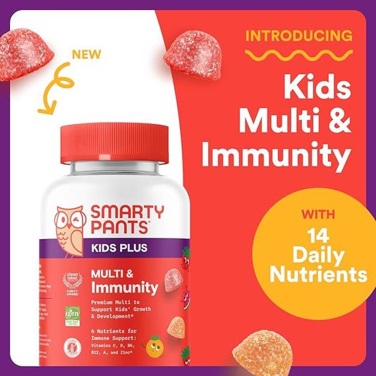 SmartyPants Kids Multivitamin & Immunity Gummies: Vitamins C, D, B6, B12, A, and Zinc for Immune Support, Biotin, Iodine, Gluten Free, Two Fruit Flavors, 60 Count (30 Day Supply)