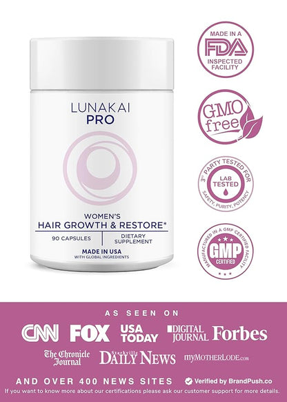 Lunakai PRO USA Made Hair Growth Supplement for Women - Advanced 20 Nutrient with Marine Collagen, Saw Palmetto, Biotin & Keratin - Daily Hair Vitamins for Thicker Strands - 90 Capsules