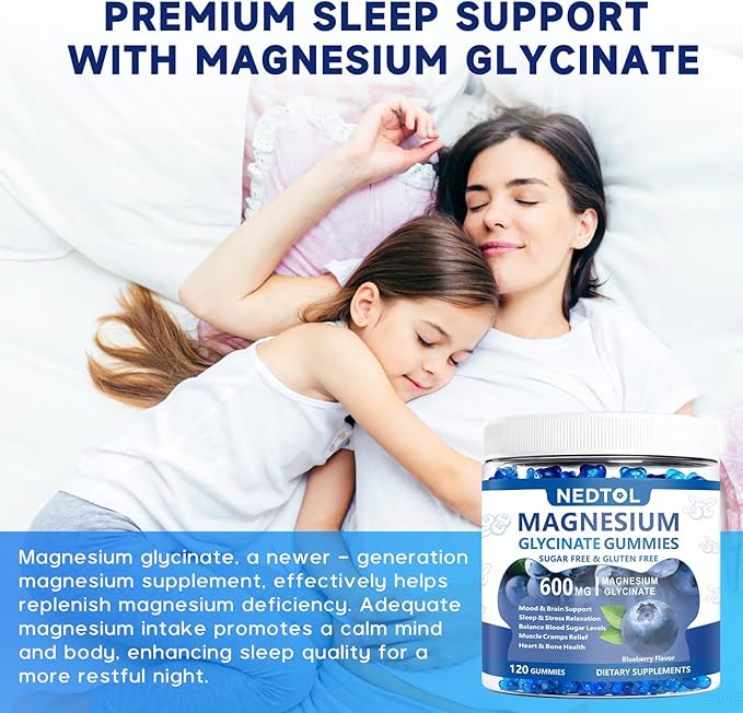 Magnesium Glycinate Gummies 600mg, Sugar Free Magnesium Potassium Supplement for Adults with Magnesium L-Threonate, Vitamin D, B6,and CoQ10 for Sleep, Body Support and Relaxation,120 Count