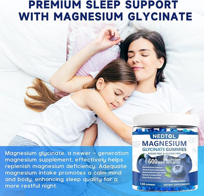 Magnesium Glycinate Gummies 600mg, Sugar Free Magnesium Potassium Supplement for Adults with Magnesium L-Threonate, Vitamin D, B6,and CoQ10 for Sleep, Body Support and Relaxation,120 Count