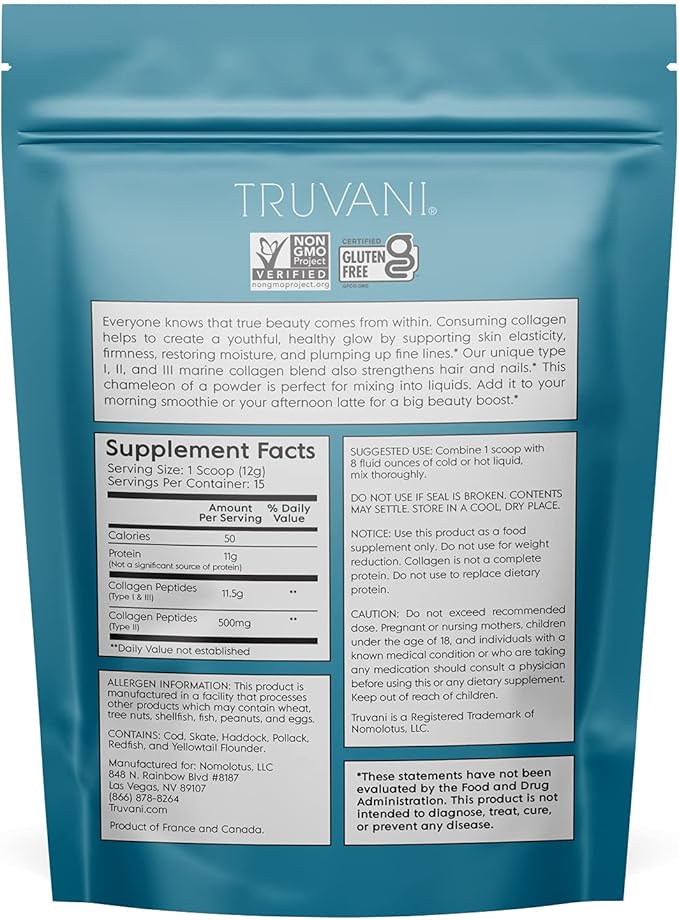 Truvani Wild Caught Hydrolyzed Marine Collagen Protein Powder | Collagen Protein Supplement with Type 1,2 & 3 | Non-GMO | Gluten Free Fish Collagen | 15 Servings