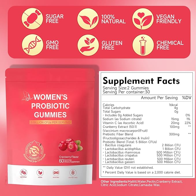 Vaginal Women Probiotic, Feminine Balance pH Gummies for Healthy Odor, Yeast Balance & Flora + Vitamin C for Immune Support -Cranberry Probiotics