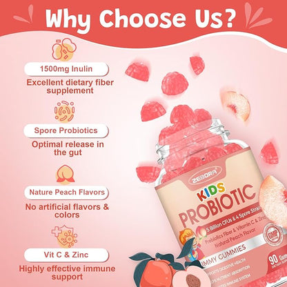 Kids Probiotic-Fiber Gummies, Probiotics-Fiber Gummies for Kids with 5 Billion CFUs & Prebiotics for Digestive Health, with Vitamin C and Zinc for Immune Support, 45 Servings, Natural Peach Flavor