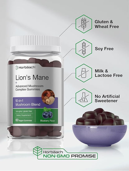 Horbaach Lions Mane Supplement | 60 Gummies | 10-in-1 Mushroom Complex | with Turkey Tail, Reishi, Cordyceps, Chaga, Maitake, and Shiitake | Blueberry Flavor | Non-GMO & Gluten Free