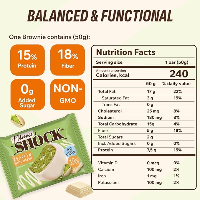 FitnesSHOCK Pistachio White Chocolate Protein Brownie – Low Sugar Dessert Snack (2g Total Sugar, No Added Sugar) – Healthy Snack – 10 Count