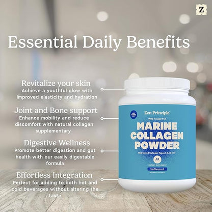 Zen Principle Marine Collagen Peptides Powder 1.5 lb. Wild-Caught Fish, Non-GMO. Supports Healthy Skin, Hair, Joints and Bones.Hydrolyzed Types I, II, III, and IV Protein. Amino Acids. Easy to Mix.