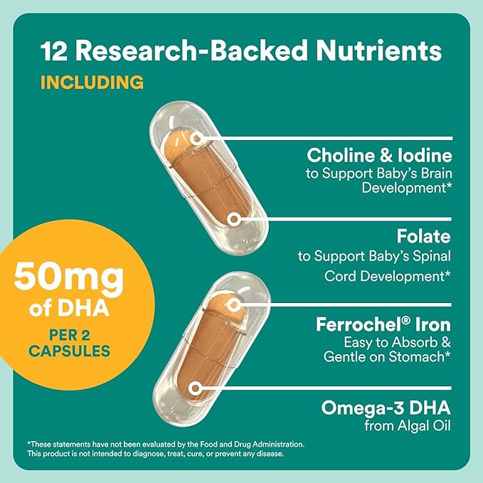 SmartyPants Women’s Prenatal Multivitamin Capsules, OB‑GYN Co‑Developed Prenatal Vitamins with Choline, Folate, Omega 3 DHA, & Iron for Baby’s Development, Gentle on Stomach, 60 Count (30 Day Supply)