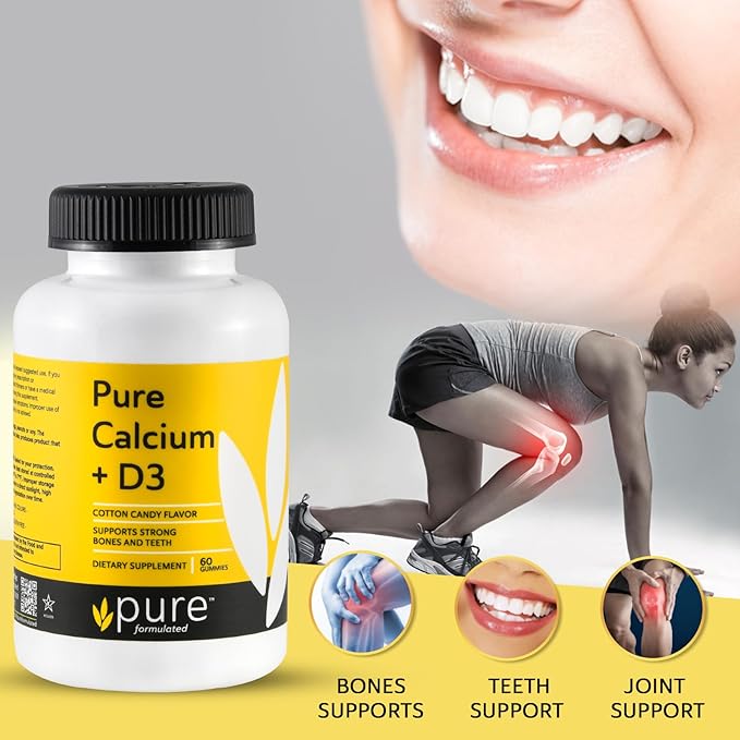 Vegan Calcium with Vitamin D3 Strong Bone & Teeth Support Calcium with 1000 IU D3 Gummies for Adults & Kids, Kosher, Gluten-Free, Dairy-Free, 60 Gummies