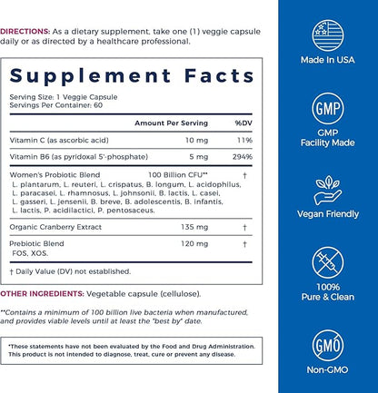 NewRhythm Probiotics for Women, P-5-P, Vitamin C & Organic Cranberry, 100 Billion CFU 18 Strains, Prebiotics & Vaginal Probiotics for Digestive Health & PH Balance, 60 Capsules, No Dairy